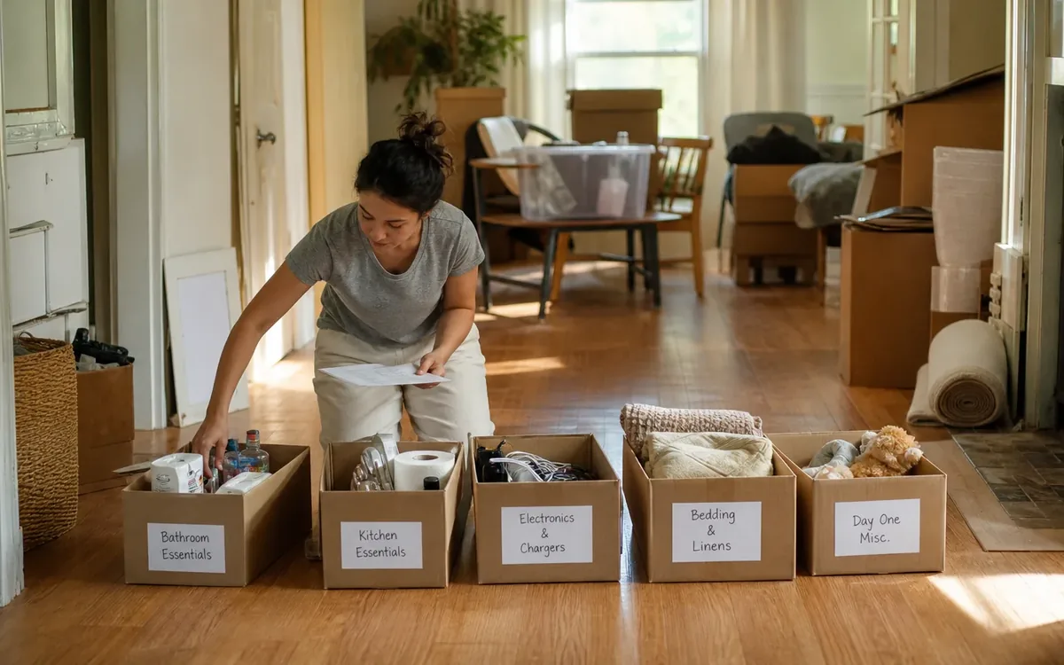 Labeled household belongings and a clear room path for what belongs in each open-first box?
