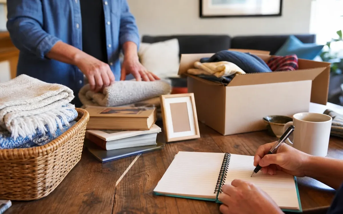 Hands organizing household items while planning what should the household decide before inviting shoppers inside?
