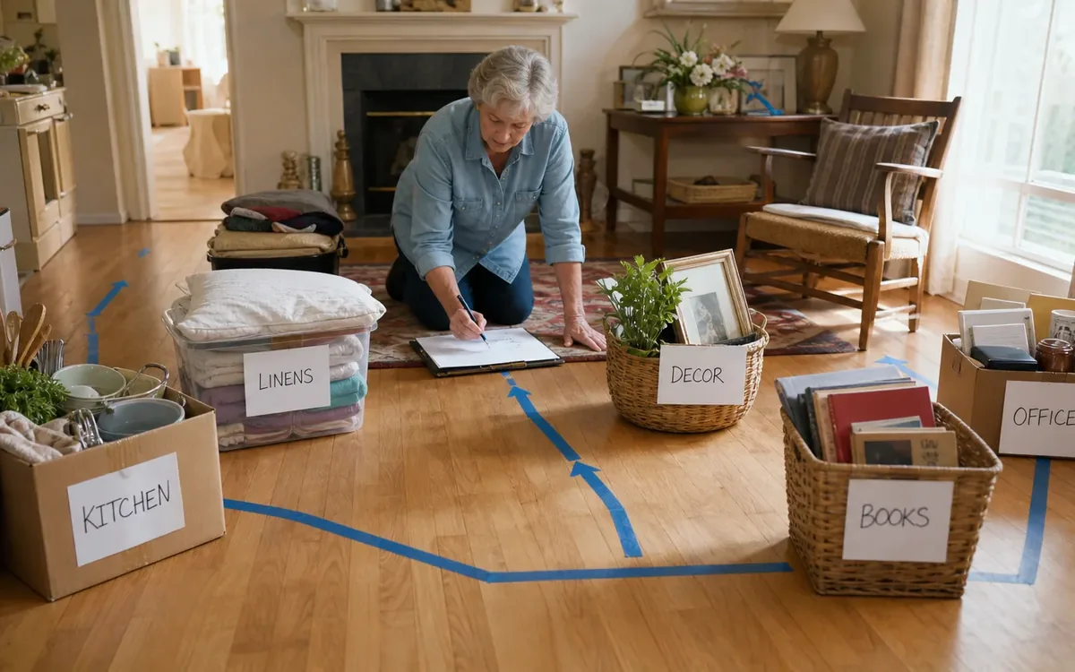 Labeled household belongings and a clear room path for build the move list around daily life