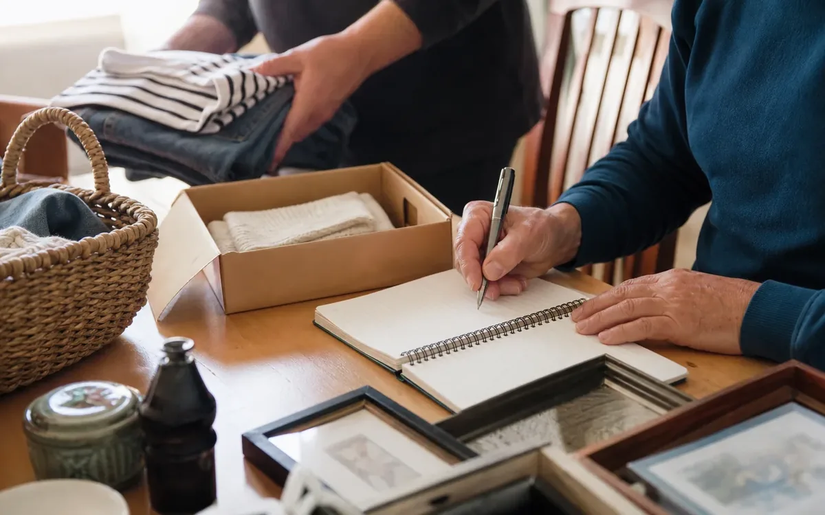 Hands organizing household items while planning establish decision zones before moving household contents