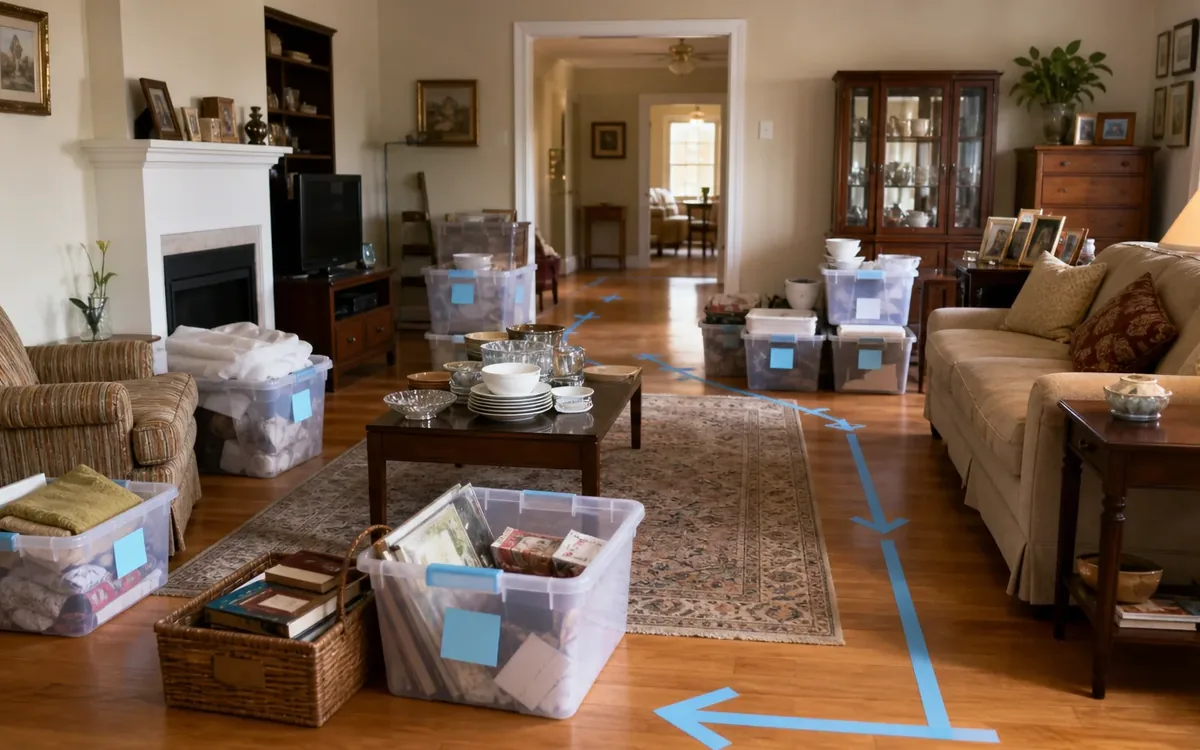 Labeled household belongings and a clear room path for prepare display space without erasing useful context