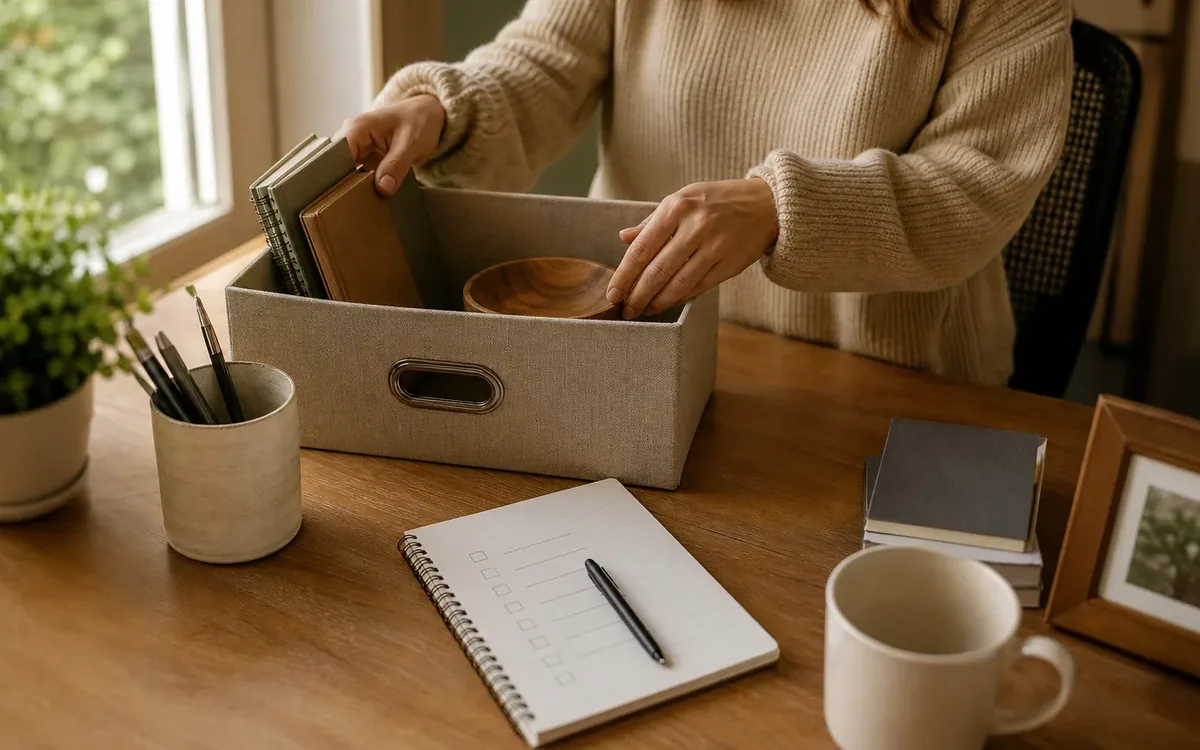 Hands organizing household items while planning what should stay on the desk for listing photos?