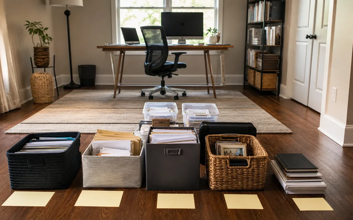 Labeled household belongings and a clear room path for protect papers, screens, and personal information