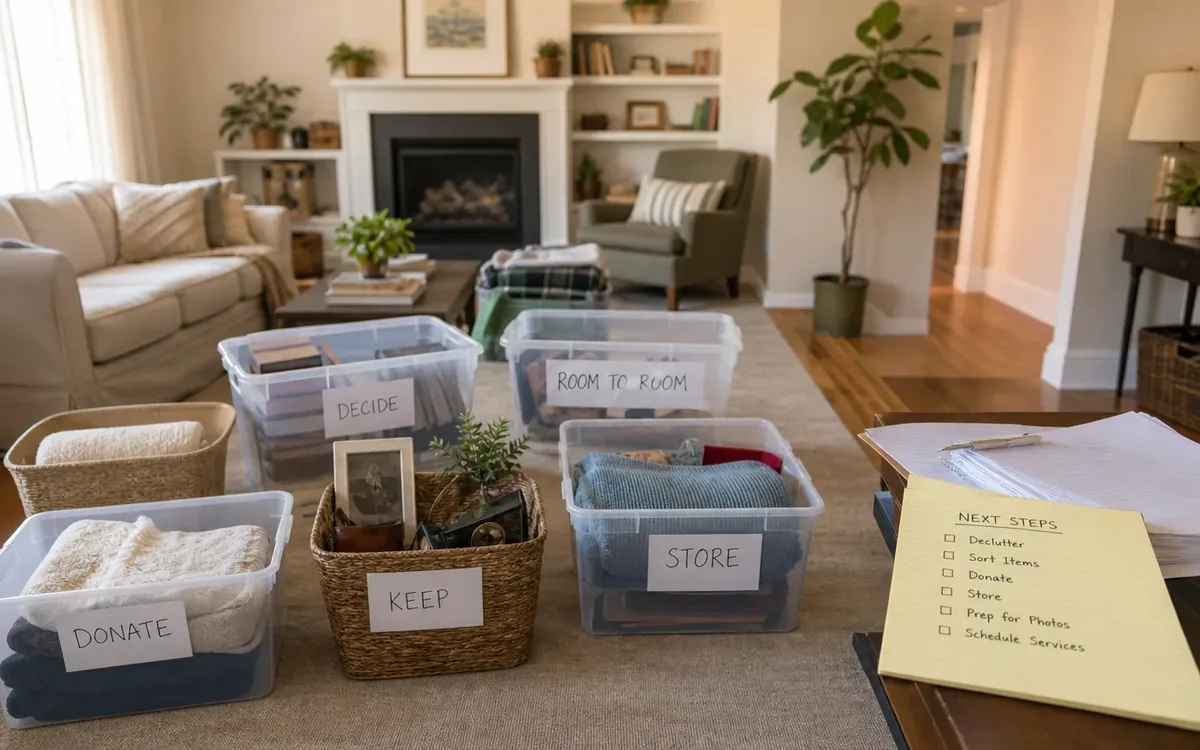 Labeled household belongings and a clear room path for decide what happens to belongings before work begins