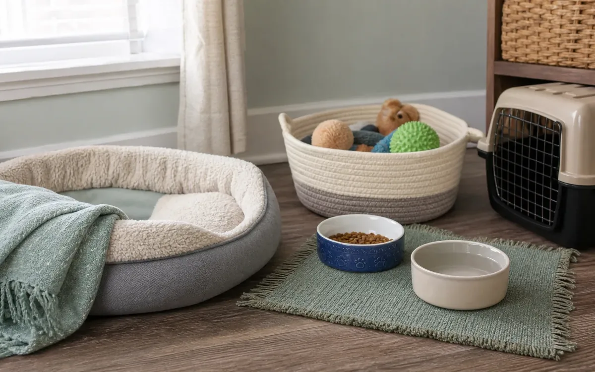 A pet bed with a green blanket sits beside a basket of toys, food and water bowls on a mat, and a pet carrier.