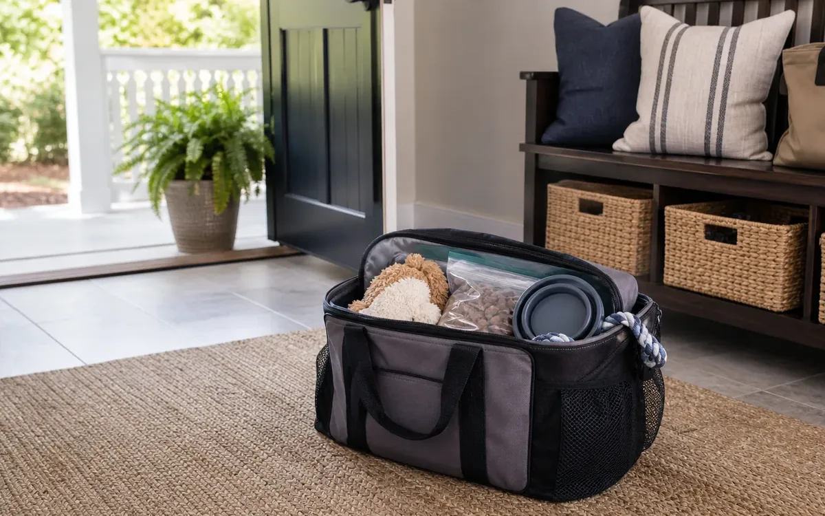 An open black pet essentials bag holds a plush toy, a clear bag of kibble, and bowls on a rug beside an open front door.
