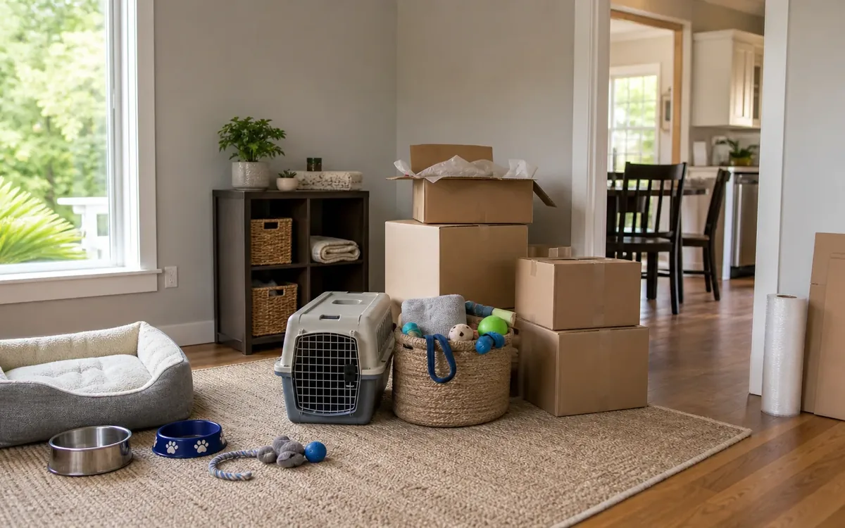 A pet carrier, cushioned bed, food bowls and toys sit beside stacked cardboard boxes in a bright living room.