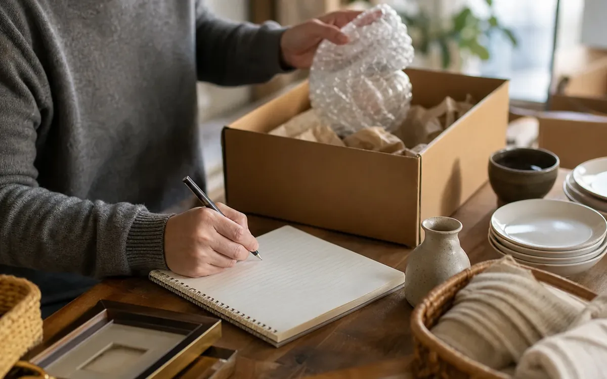 Hands organizing household items while planning what should be settled with the auction company first?