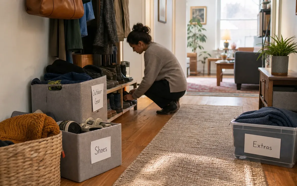 Labeled household belongings and a clear room path for prepare the private threshold without overstaging it