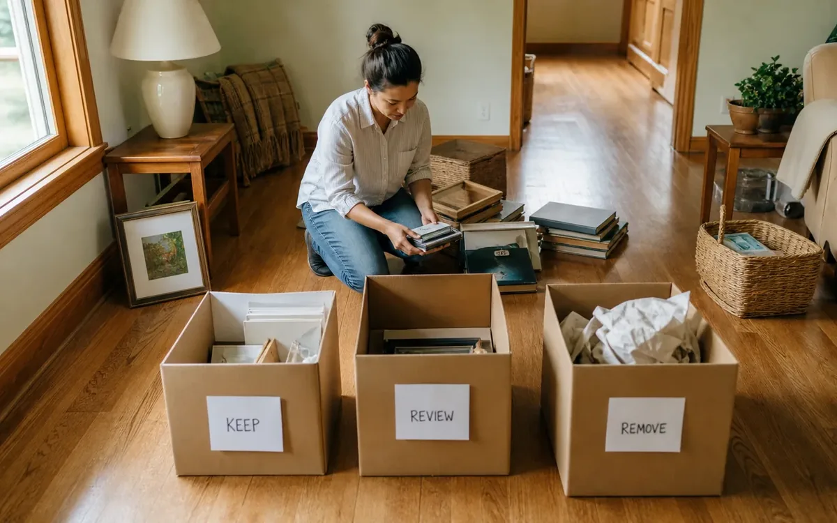 Labeled household belongings and a clear room path for create a written keep, review, and remove plan