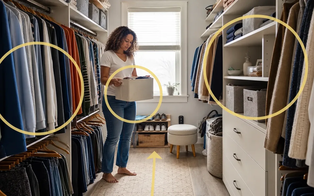 Labeled household belongings and a clear room path for use a three-zone closet plan
