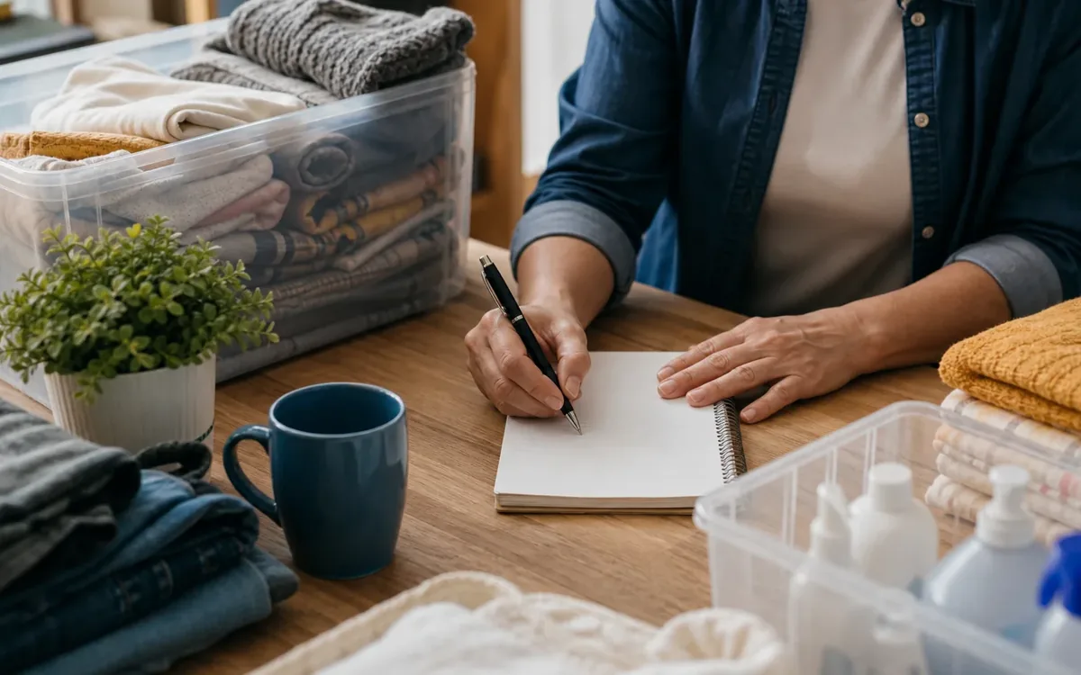 Hands organizing household items while planning build an item-by-item correction file
