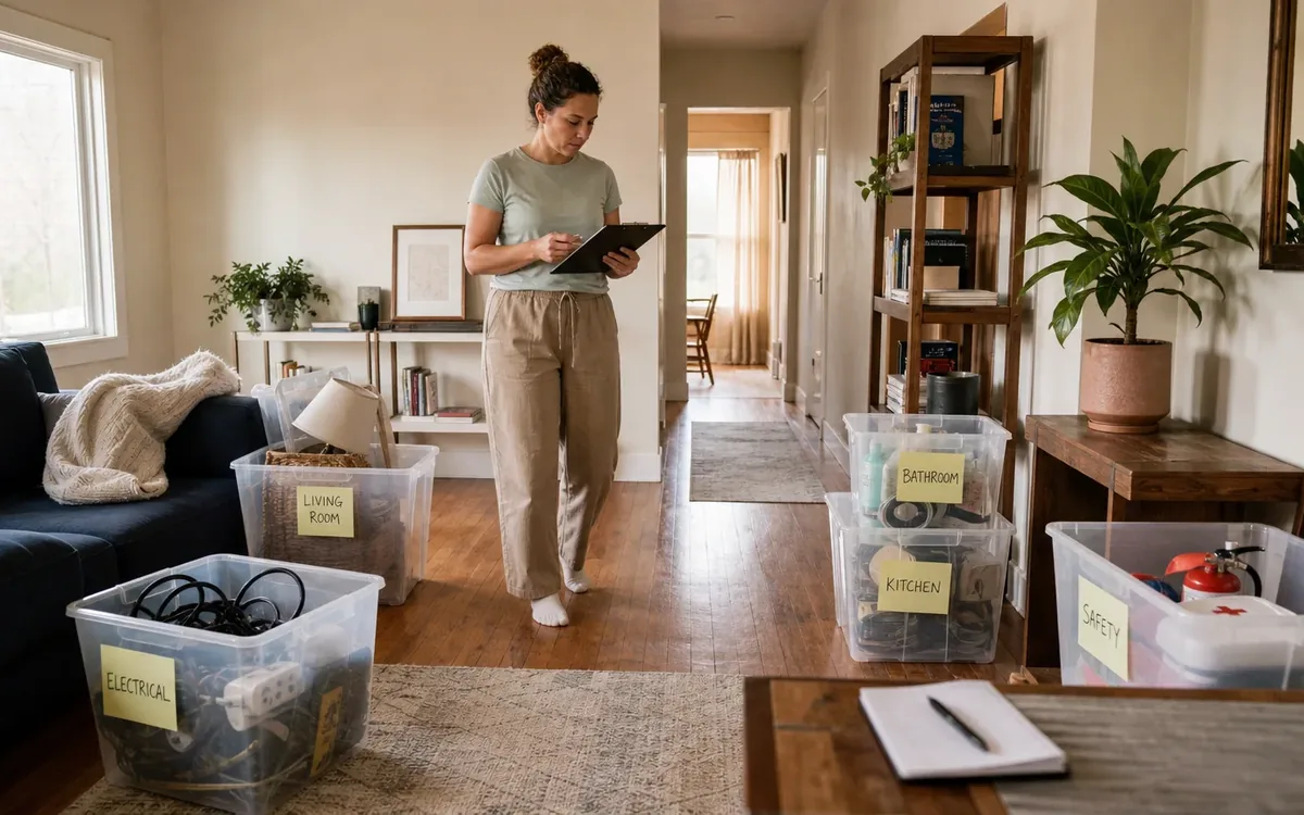 Labeled household belongings and a clear room path for make every cited area visible and reachable