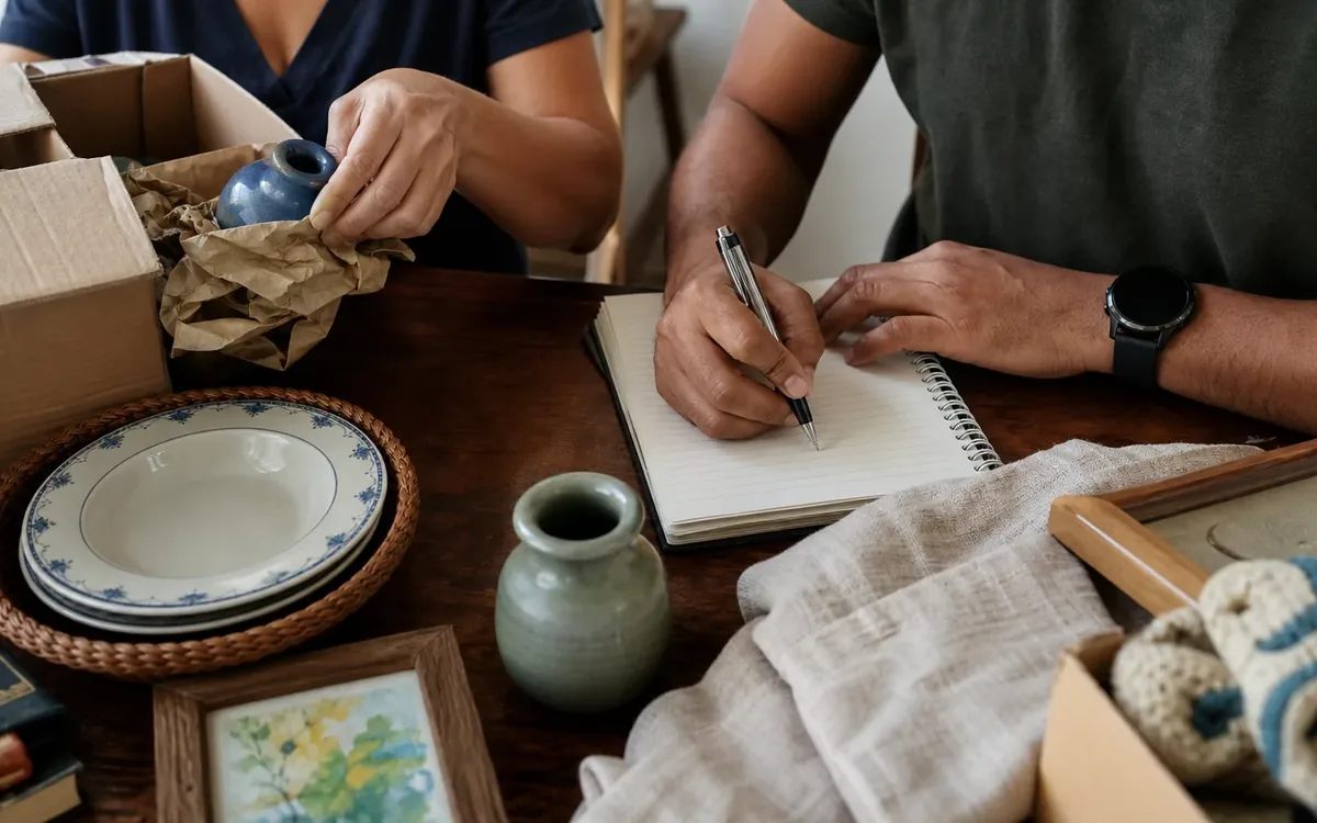 Hands organizing household items while planning build a sale boundary that everyone can recognize
