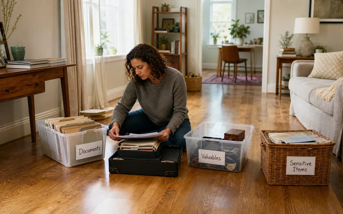 Labeled household belongings and a clear room path for protect documents, valuables, and sensitive property