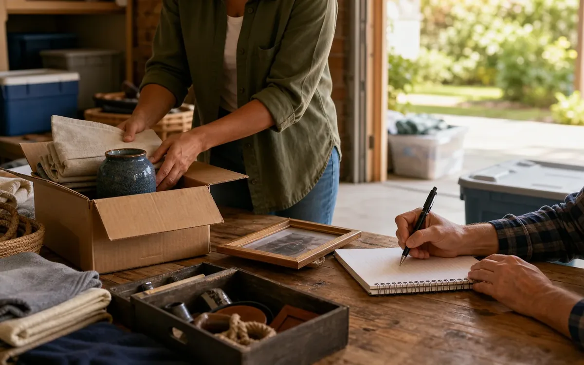 Hands organizing household items while planning start by defining what is part of the sale