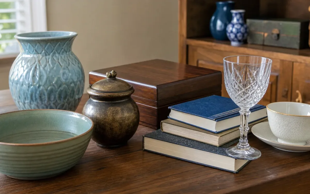 Ceramic bowls and vases, a lidded jar, a cut-glass goblet, books, and a wooden box arranged on a wooden table.