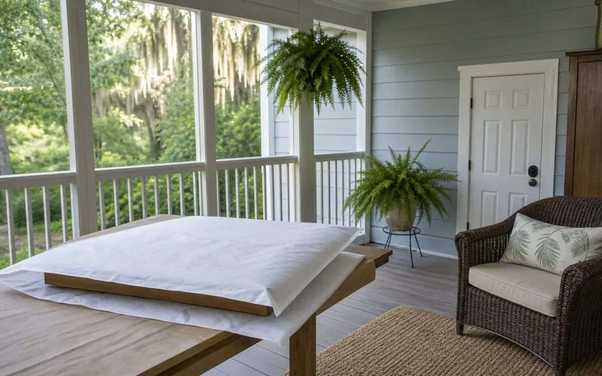 A wooden picture frame lies flat on a porch table, loosely covered with white paper beside wicker seating and ferns.
