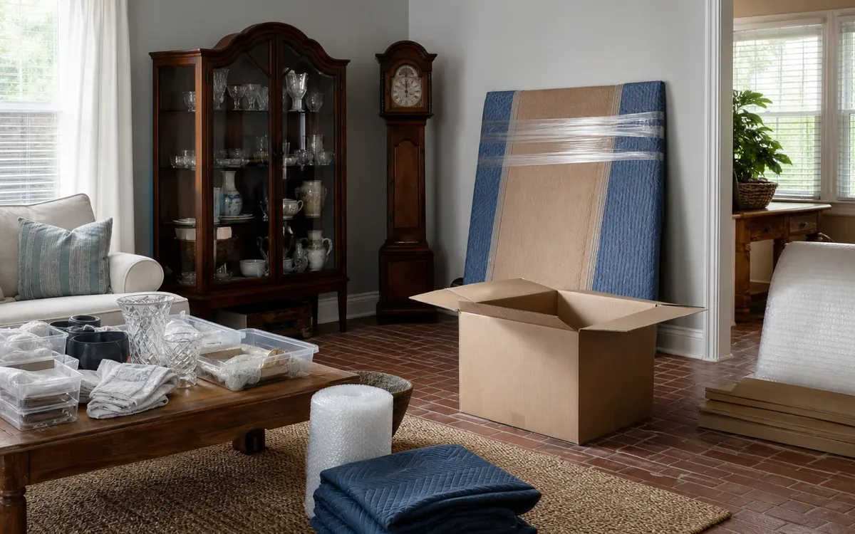 Wrapped dishes sit on a wooden table beside bubble wrap, moving blankets, an open box, and a padded rectangular item.