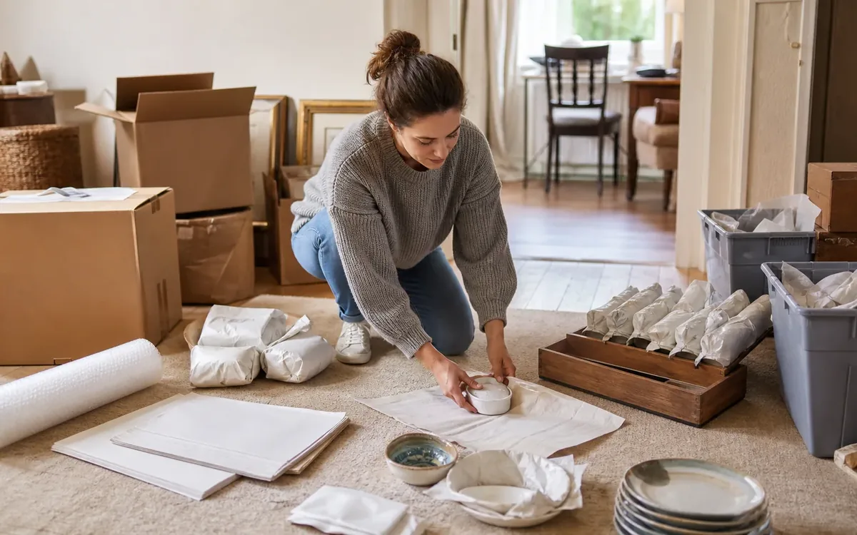 Labeled household belongings and a clear room path for use a controlled wrapping and packing sequence