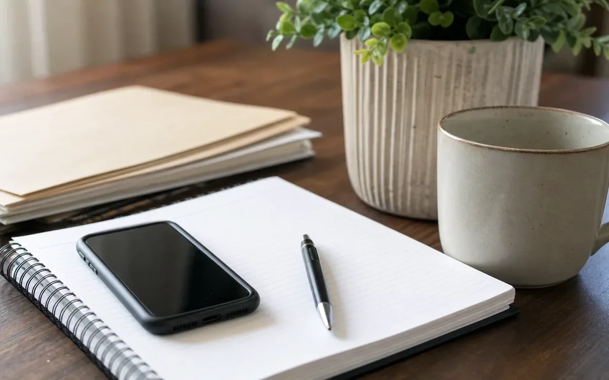 A smartphone and pen rest on an open lined notebook beside stacked folders, a ceramic mug, and a potted plant on a wooden table.