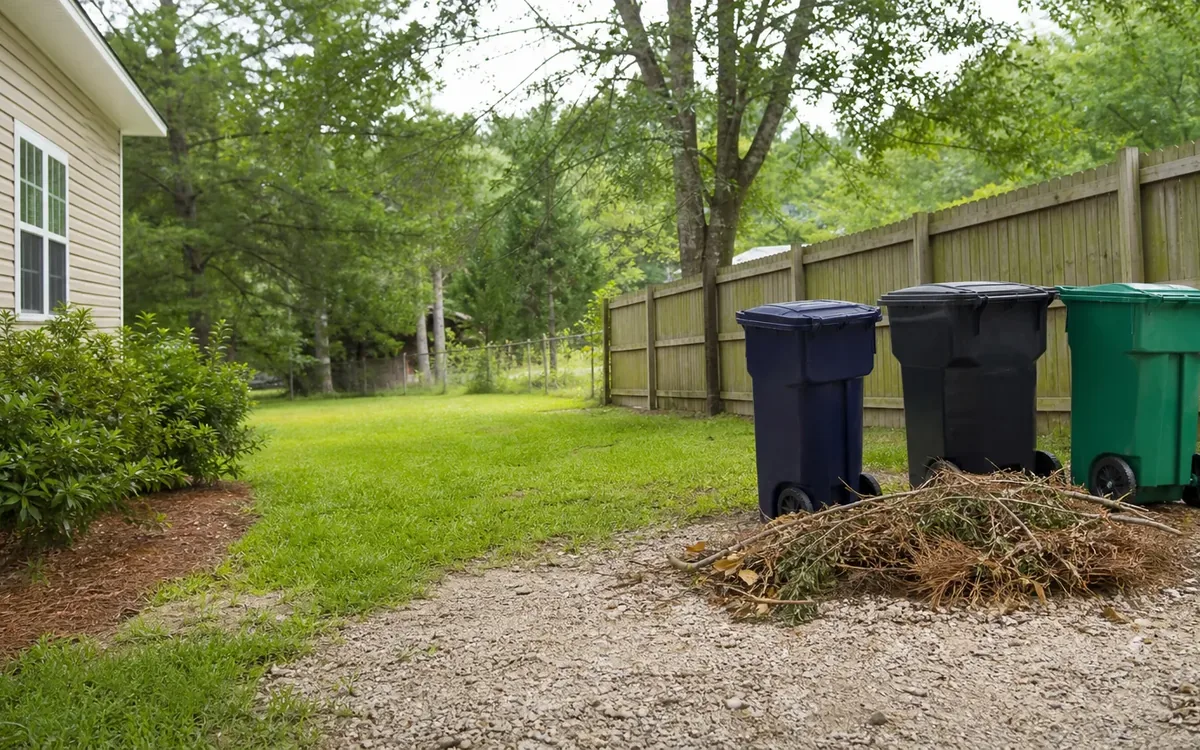 Three wheeled bins stand beside a wooden fence, with a pile of branches and yard debris on gravel near a house and lawn.