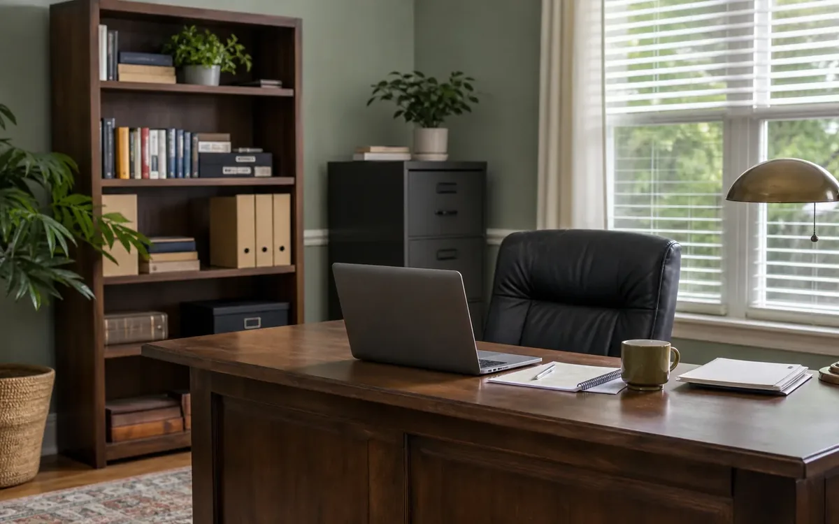 Wooden office desk with an open laptop, papers, mug and brass lamp, beside a bookshelf and a window with blinds.