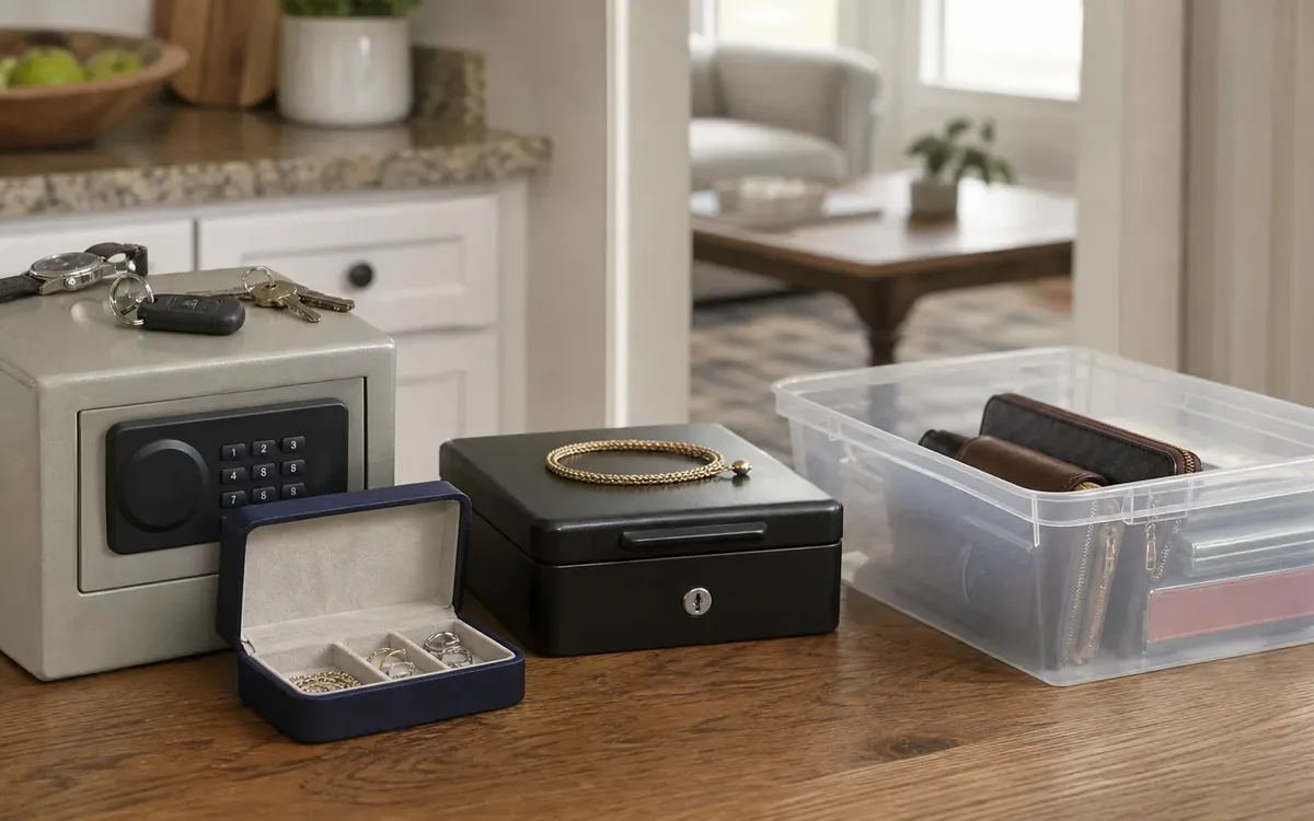 A small safe with keys on top, an open jewelry case, a black lockbox, and a clear bin holding wallets sit on a wooden table.