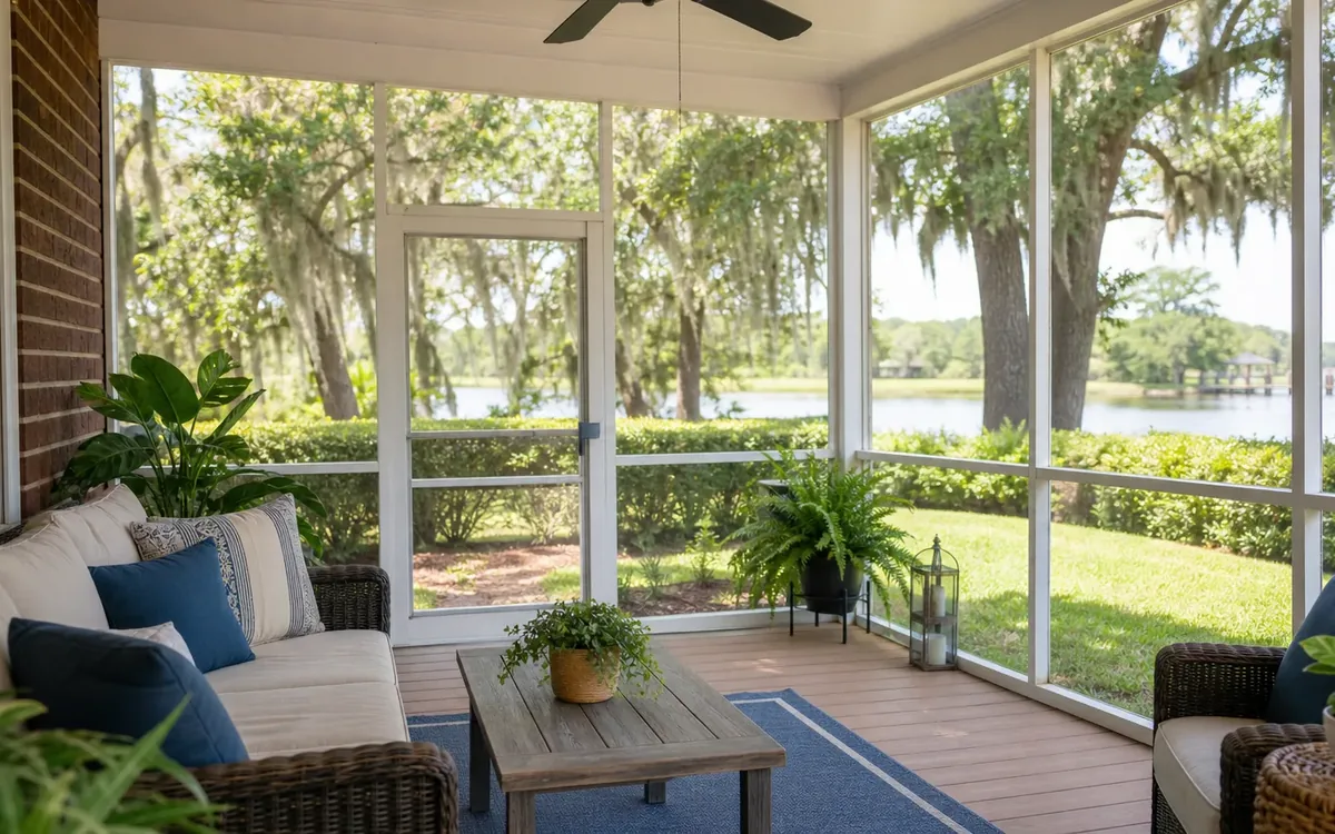 Screened porch with cushioned wicker seating, a wooden coffee table, potted plants, and a door overlooking trees and water.