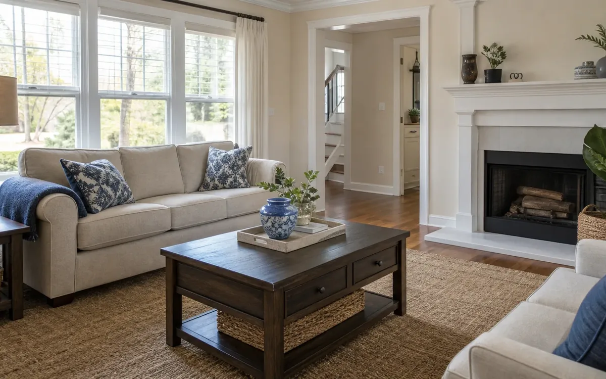Bright living room with cream sofas, a dark wood coffee table, fireplace, potted plants, and large windows.