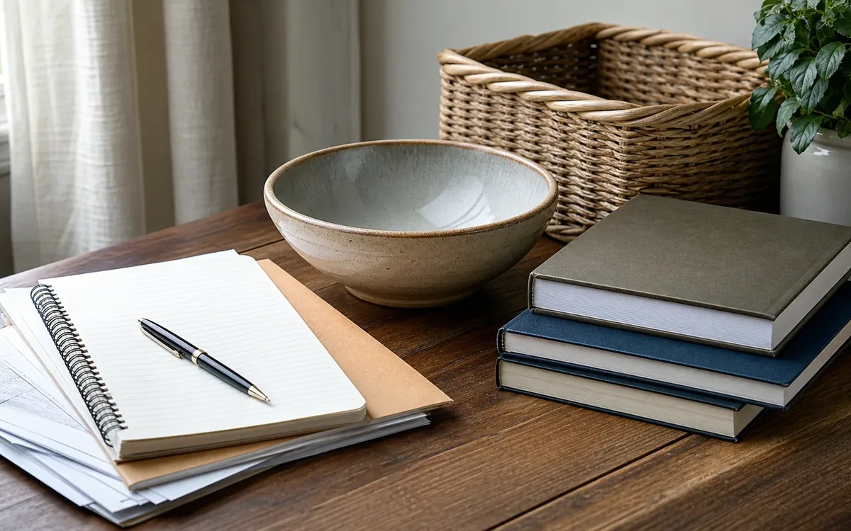 An open blank notebook and pen sit beside papers, three stacked books, a ceramic bowl, and a wicker basket on a wooden table.