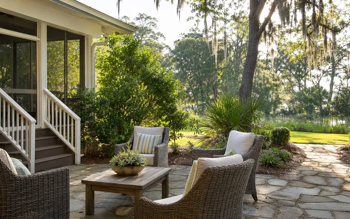 Wicker chairs with cushions surround a low wooden table on a stone patio beside porch steps and a tree-lined lawn.