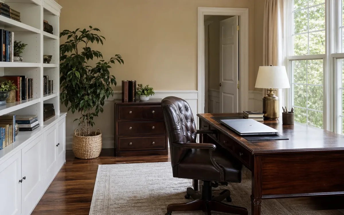 Home office with a wooden desk, leather chair, book-filled shelves, chest of drawers, and a tall potted plant beside large windows.