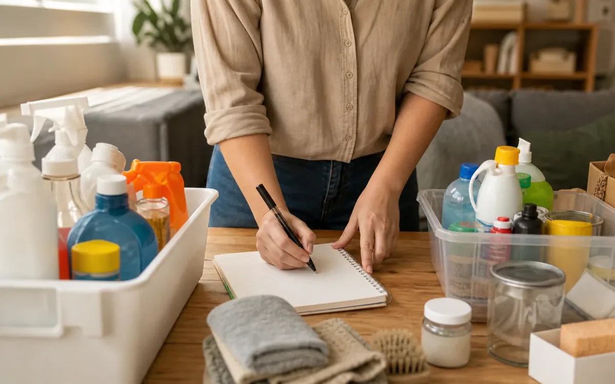 Hands organizing household items while planning what counts as a household chemical?