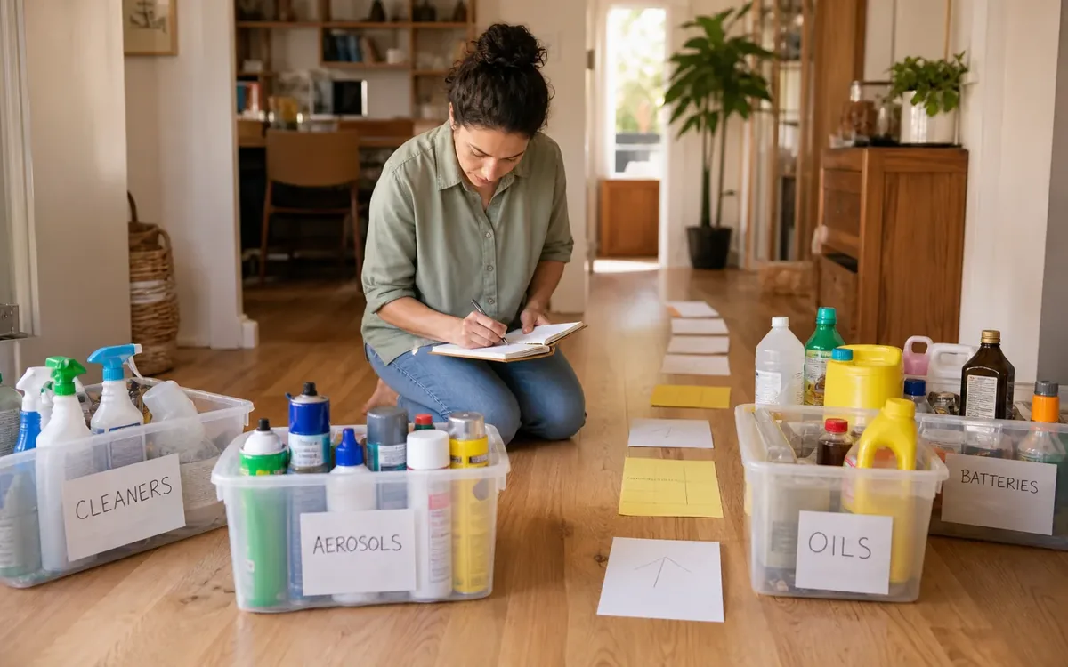 Labeled household belongings and a clear room path for how do you separate incompatible household chemicals?