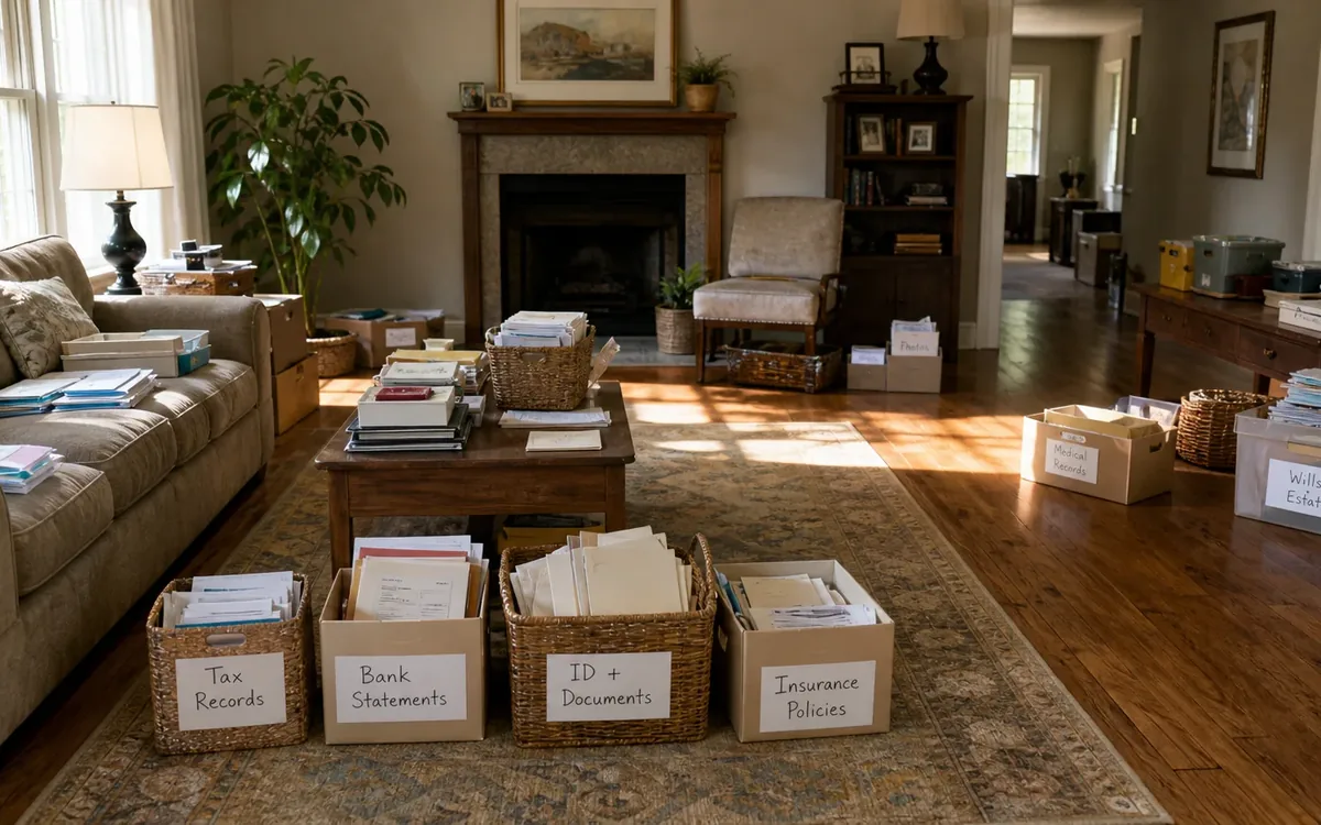 Labeled household belongings and a clear room path for what papers should be pulled from sale rooms?