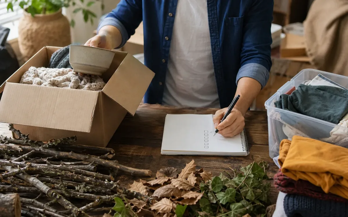Hands organizing household items while planning what counts as yard debris during a cleanup?