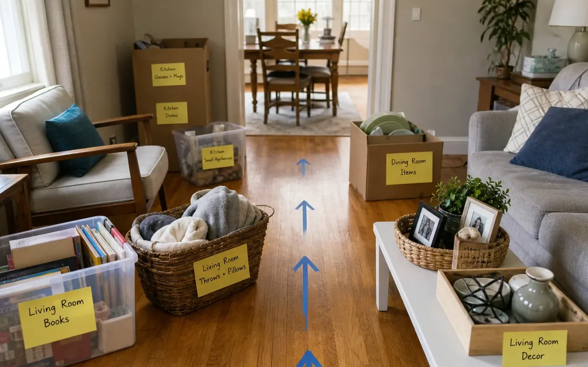 Labeled household belongings and a clear room path for use a room-by-room setup sequence