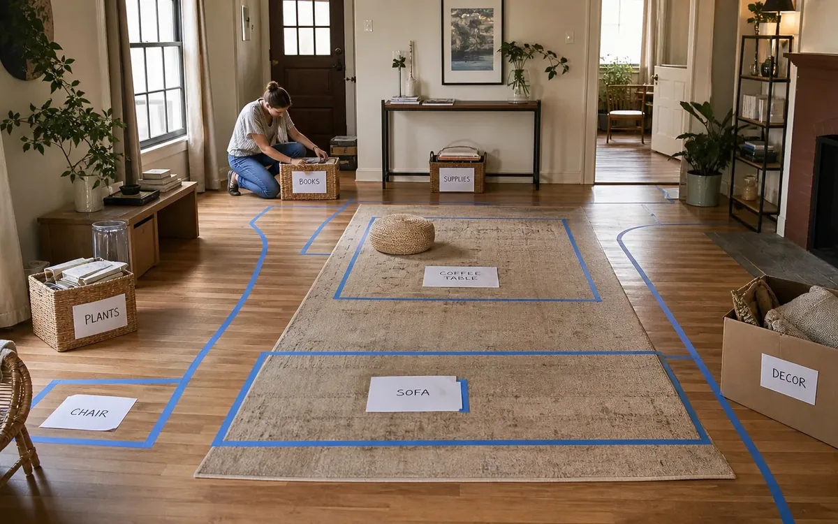 Labeled household belongings and a clear room path for build the room around its primary purpose