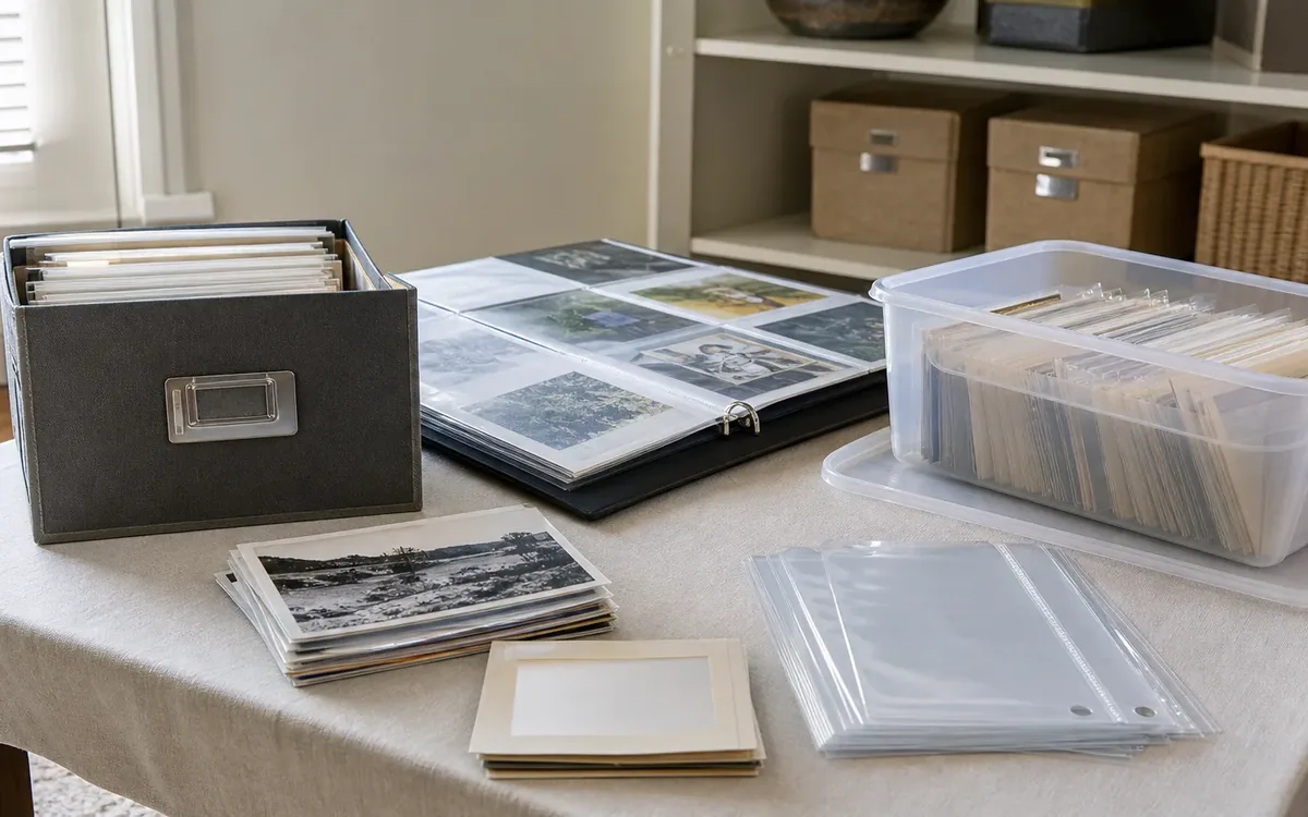 A cloth-covered table holds an open photo album, stacked prints, clear protective sleeves, and two photo storage containers.