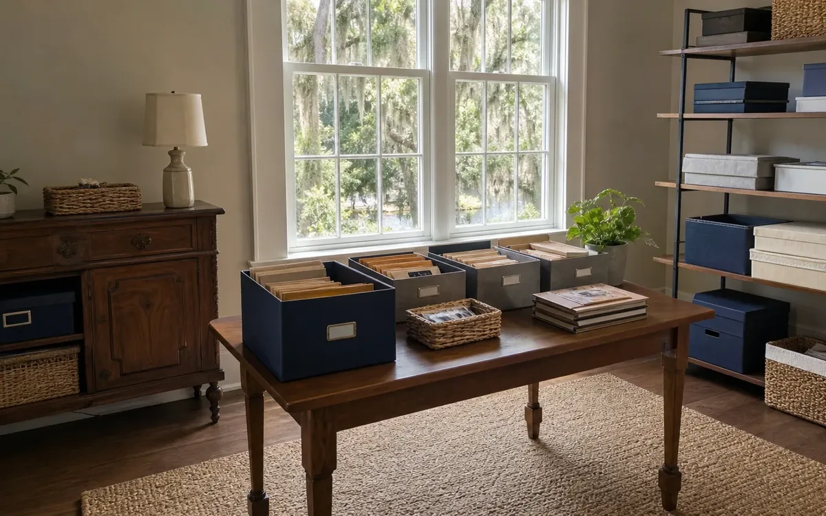 Open boxes of upright photographs sit on a wooden table beside stacked albums, with more storage boxes on nearby shelves.