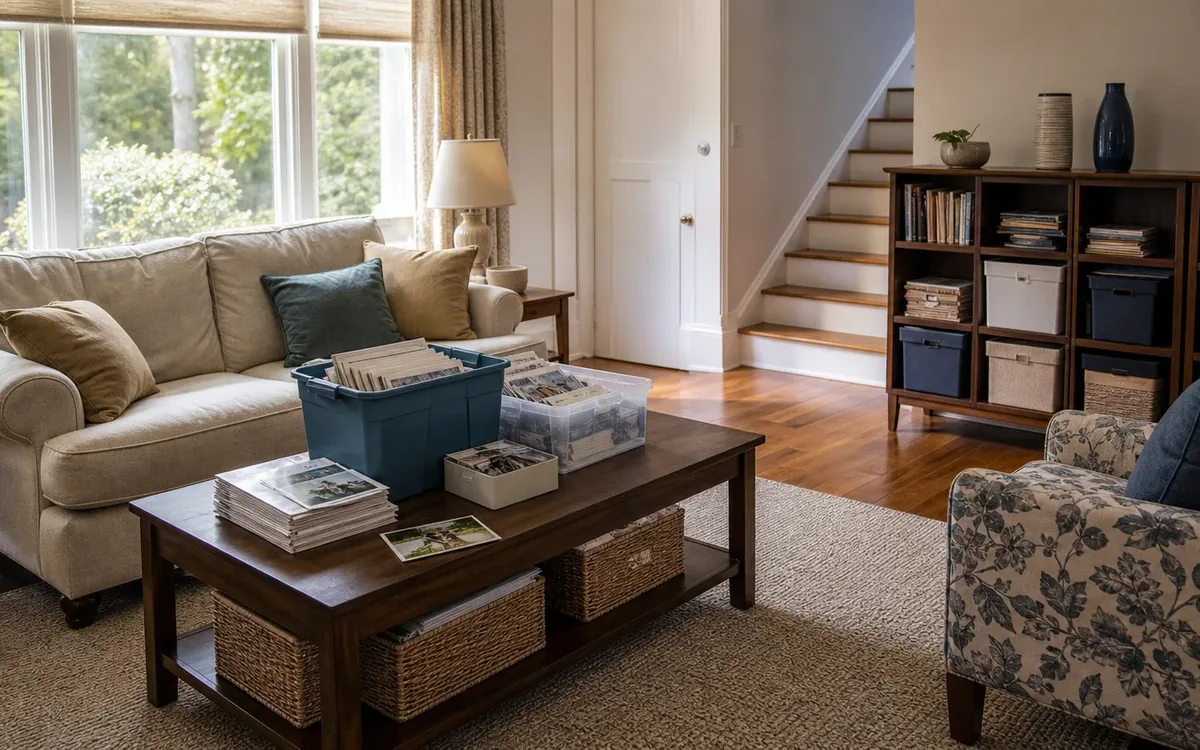 Stacks of photographs, storage bins, and small boxes sit on a wooden coffee table in a bright living room.
