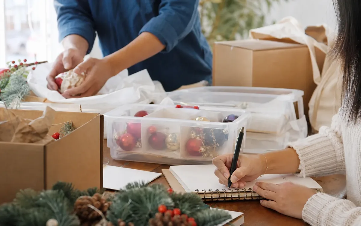 Hands organizing household items while planning how much holiday storage will the smaller home have?