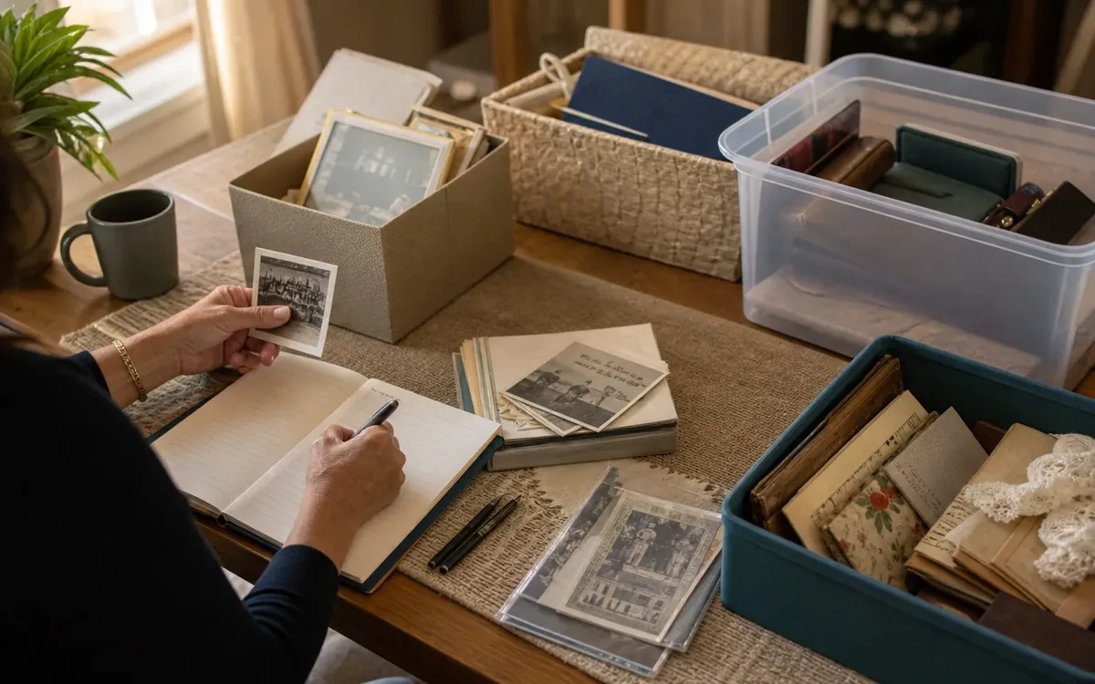 Hands organizing household items while planning build a keepsake station before sorting