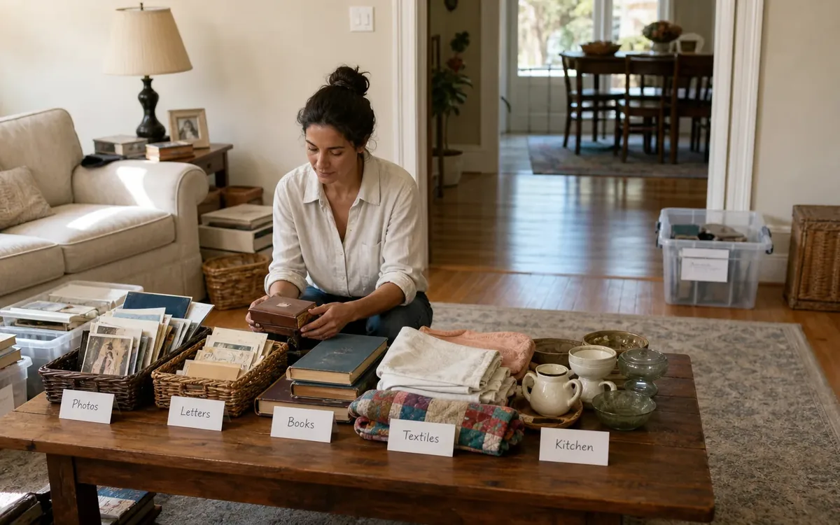 Labeled household belongings and a clear room path for find meaningful objects that do not look valuable
