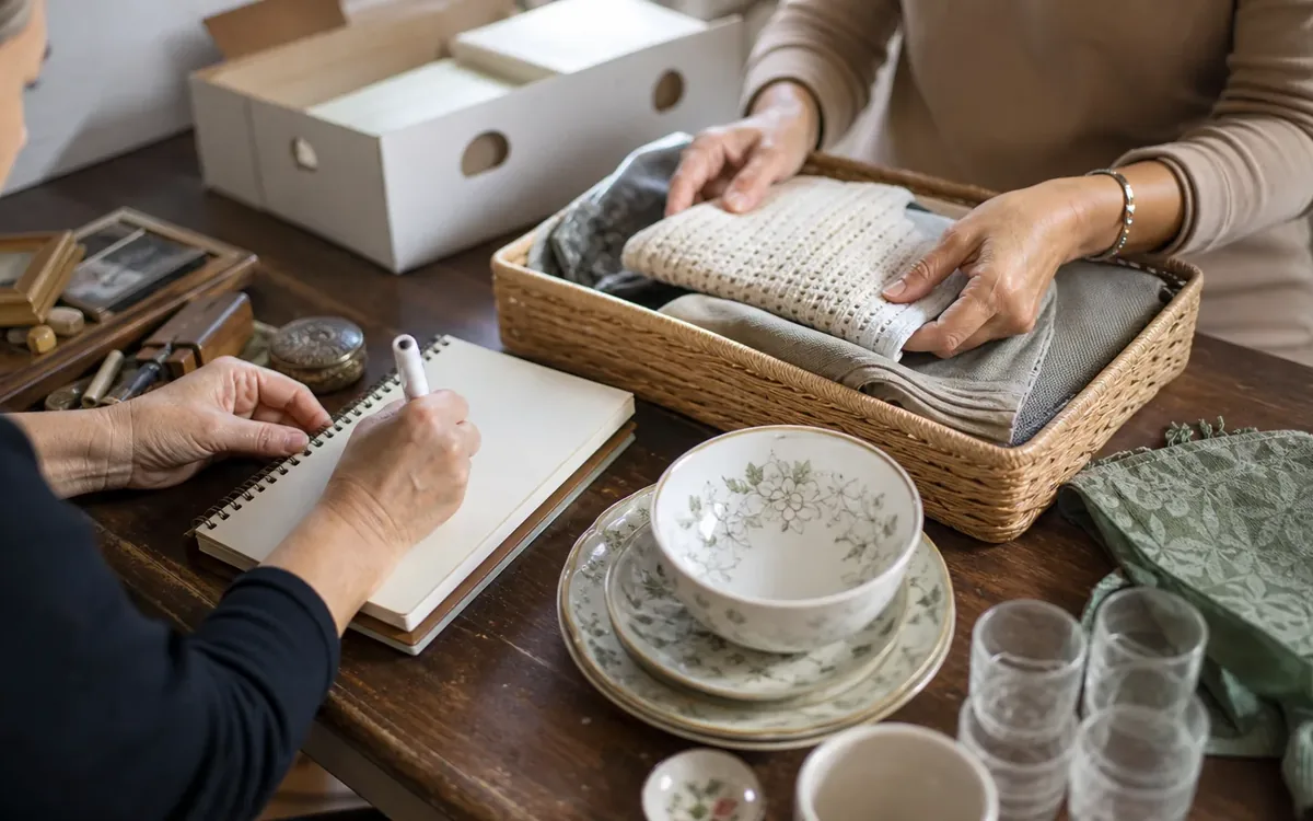 Hands organizing household items while planning start with decision authority, not the objects