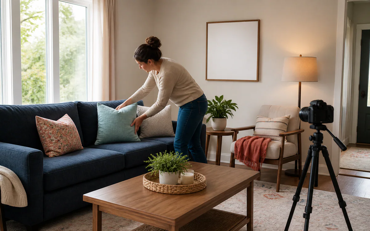 A bright, uncluttered living room prepared for a home sale for a Charleston, SC guide answering "How to stage a house for real estate photos"