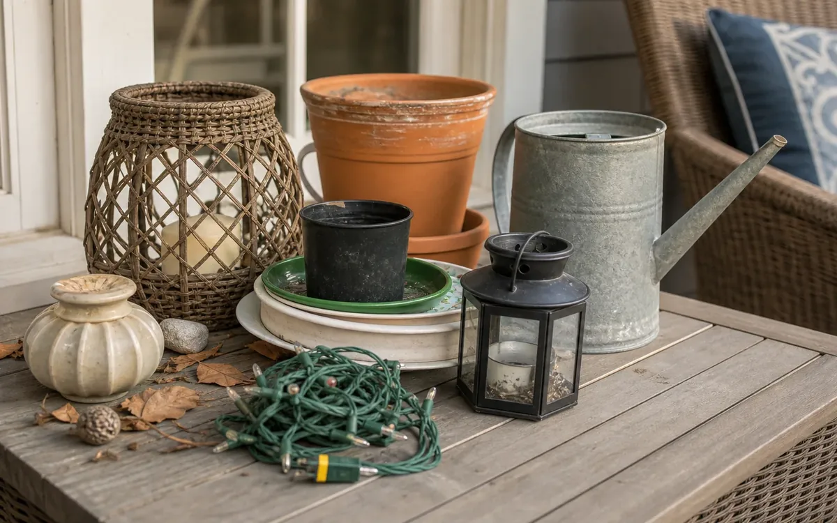 Patio table cluttered with empty plant pots, lanterns, a watering can, coiled string lights, and dry leaves beside wicker seating.