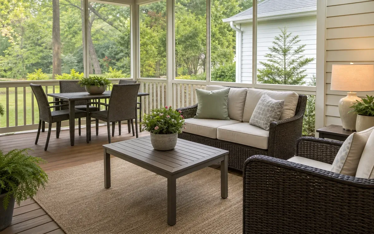 Screened porch with wicker seating, cream cushions, a coffee table, potted plants, a rug, and a small dining set.