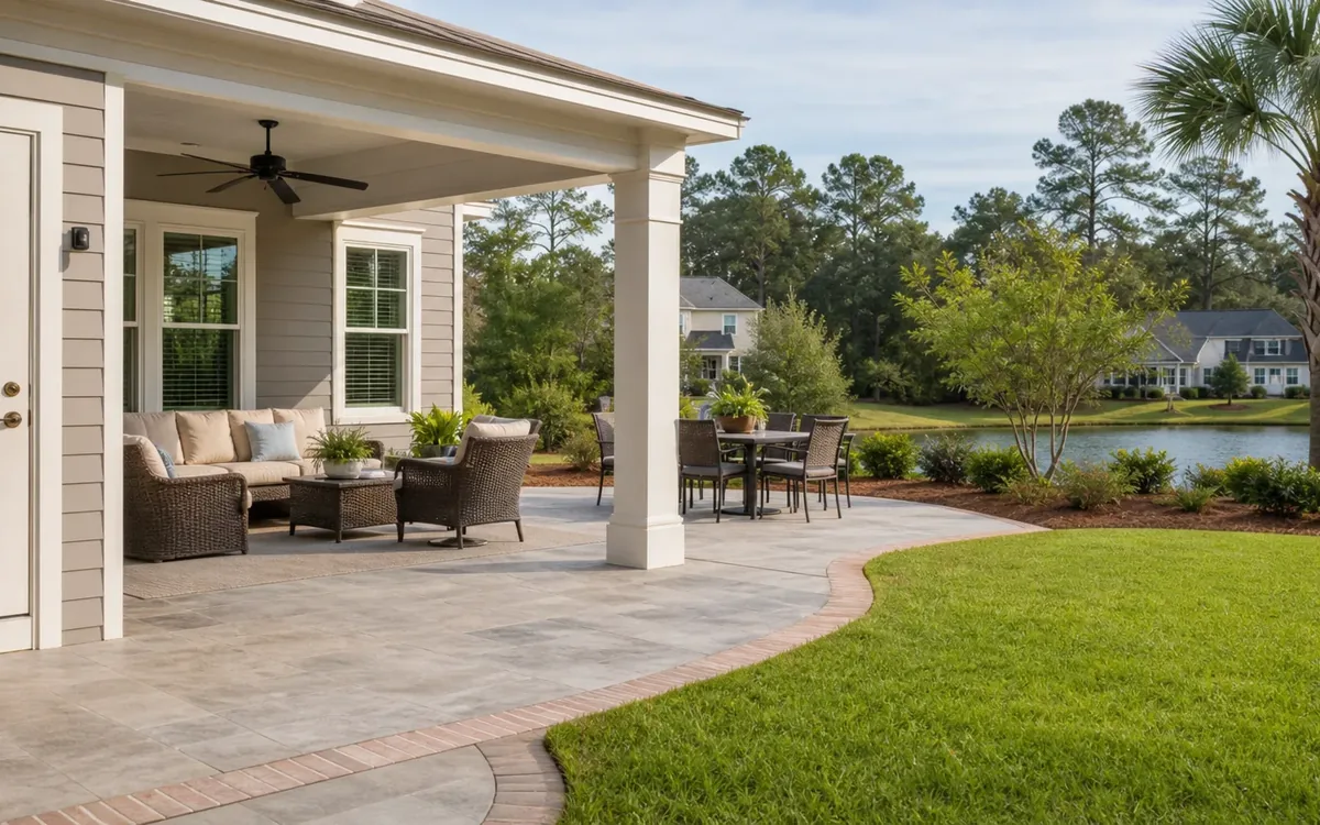 Covered patio with wicker seating, cushions and a coffee table beside an outdoor dining set, curved lawn and pond.